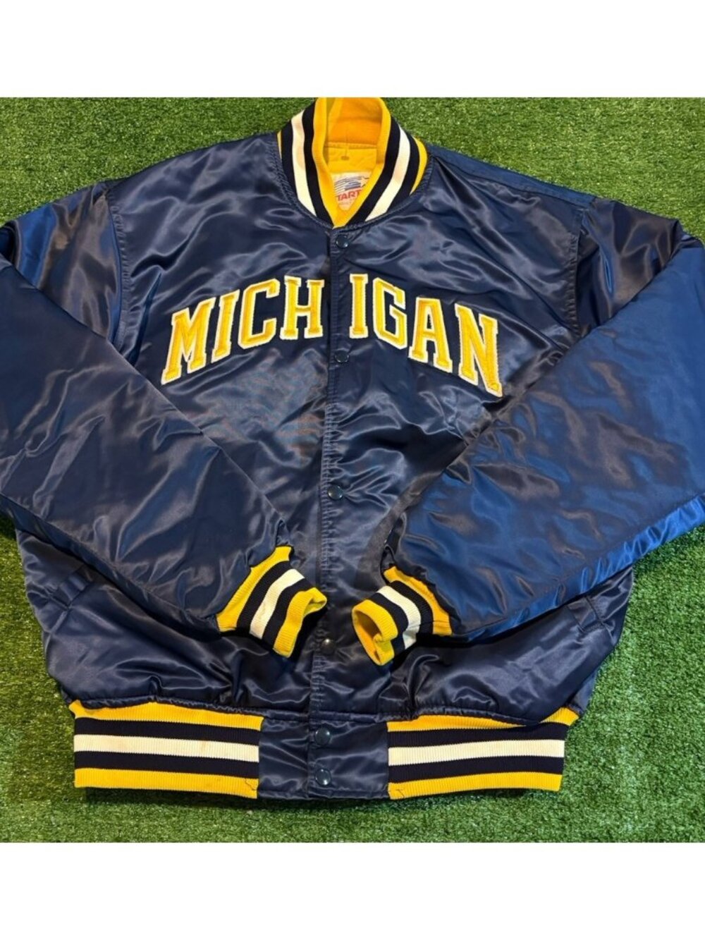 Vintage Michigan Wolverines jacket mens XL blue yellow starter satin bomber 90s